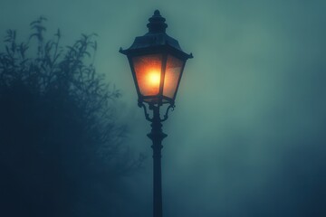 Soft glow of a street lamp illuminating foggy surroundings at night