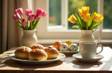 A table for Easter breakfast with hot buns, painted eggs, fresh flowers in a vase, a cup of coffee and sunlight, pouring through the window