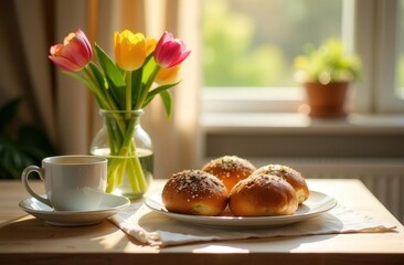 A table for Easter breakfast with hot buns, painted eggs, fresh flowers in a vase, a cup of coffee and sunlight, pouring through the window