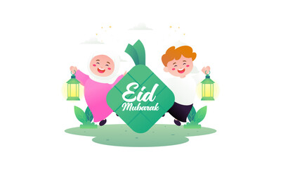 Eid Mubarak with Cute Kids Cartoon Illustration. Happy Muslim Boy and Girl Celebrate Eid Mubarak with Ketupat and Playing The Lantern. 