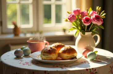 A table for Easter breakfast with hot buns, painted eggs, fresh flowers in a vase, a cup of coffee and sunlight, pouring through the window