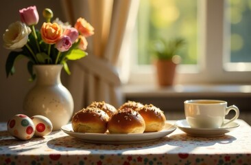 A table for Easter breakfast with hot buns, painted eggs, fresh flowers in a vase, a cup of coffee and sunlight, pouring through the window