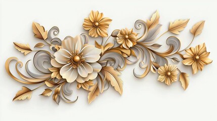 Elegant floral design featuring creamy flowers and ornate swirls in soft gold and beige tones.