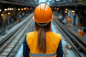 Worker Observing Construction Site with Safety Gear and Trackway Ahead