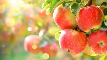 fresh, healthy and ripe red apples hanging on a branch of an apple tree