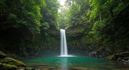 Obraz premium Serene waterfall cascading into a tranquil pool surrounded by lush greenery