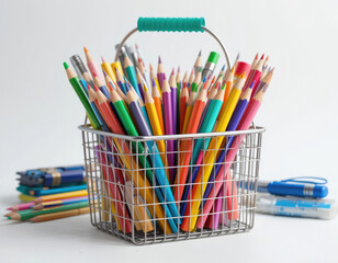 Vibrant Colored Pencils in Wire Basket for Art and School Projects