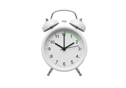 Daylight saving time. White alarm clock on white background, top view. Highlighted area and arrow showing time change by one hour forward