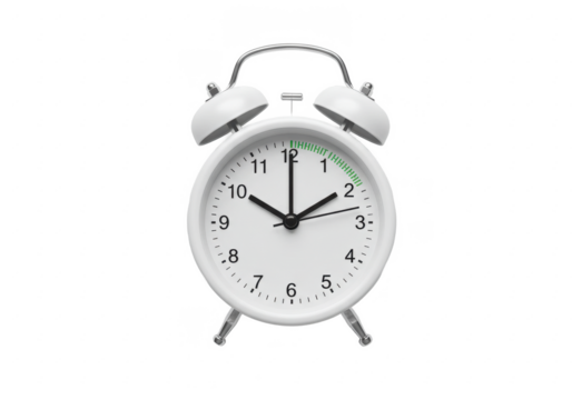 Daylight saving time. White alarm clock on white background, top view. Highlighted area and arrow showing time change by one hour forward