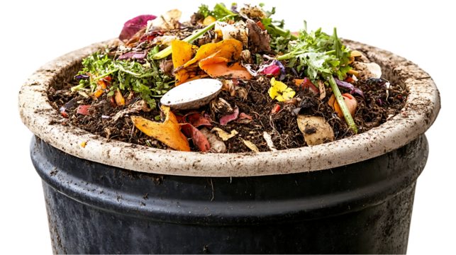 The image depicts a compost bin filled with mixed organic kitchen and garden waste, ready for decomposition.