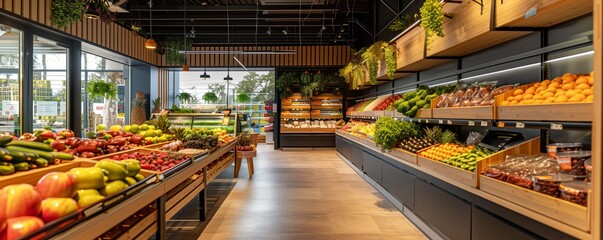 A supermarket with lots of fresh and healthy fruits and vegetables on shelves