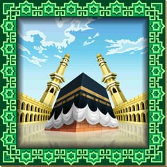 A central black structure is depicted, flanked by two ornate golden minarets, set against a bright blue sky with scattered clouds. 