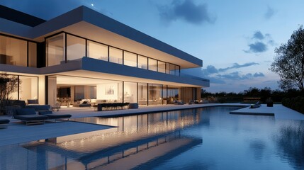 Fototapeta premium Luxurious Modern Villa at Dusk with Infinity Pool