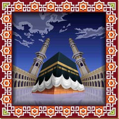 A central black square structure stands prominently, surrounded by two minarets under a deep blue sky with clouds, framed with a geometric border design. 