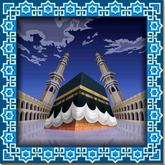 A stylized depiction of the Kaaba is set beneath a cloudy night sky with two minarets flanking it. The scene is framed by an intricate blue geometric border, adding to the ornate presentation.