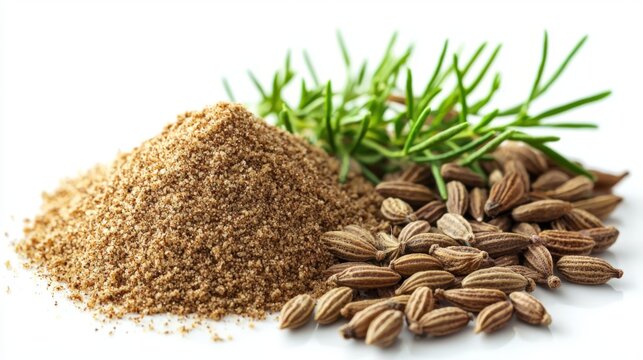 Whole cumin seeds and ground cumin powder with fresh cumin leaf on a white background