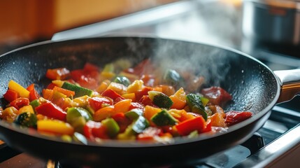 Sizzling colorful bell peppers and zucchini vegetable medley in a hot pan