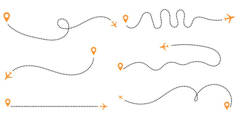 Airplane line path icon. Air plane flight route with line trace vector illustration. Dashed route travel concept.  Airplane dotted route line set. Path travel line shapes. Flight route with start poin © Franco