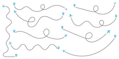 Airplane routes, Travel icon, Travel from start point and dotted line tracing, Plane routes flight air dotted map drawing