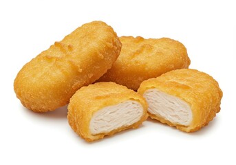 Three golden crispy chicken nuggets one showing a cross-section of tender white meat isolated on white background