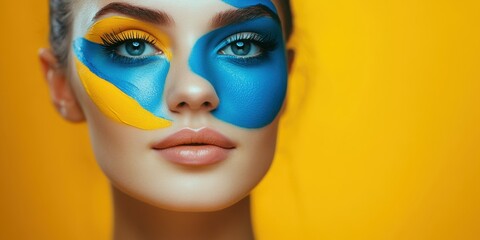 Artistic Face Paint: A captivating close-up of a woman's face adorned with a vibrant, artistic face paint design, blending bold colors and intricate details.