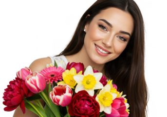 Woman with beautiful bouquet against light wall, closeup isolated on White background