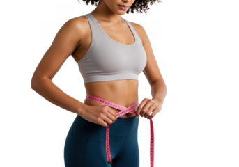 Woman measuring waist circumference isolated on White background