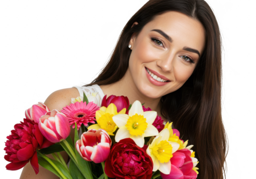 Woman with beautiful bouquet against light wall, closeup isolated on White background
