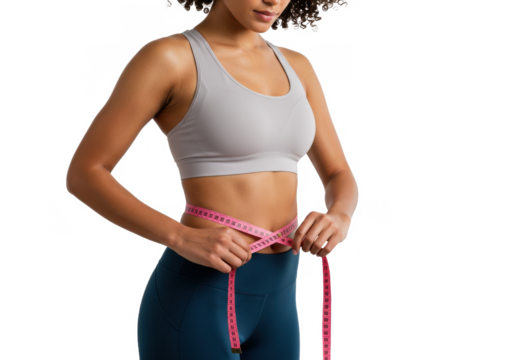 Woman measuring waist circumference isolated on White background - Powered by Adobe