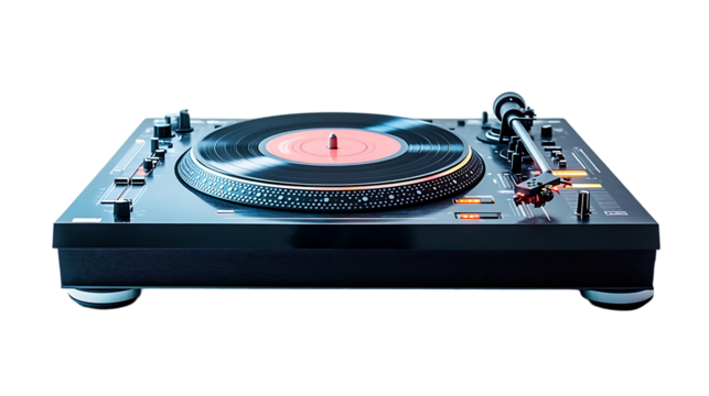 The image shows a sleek black vinyl record player with a spinning record in the center against a black background. - Powered by Adobe