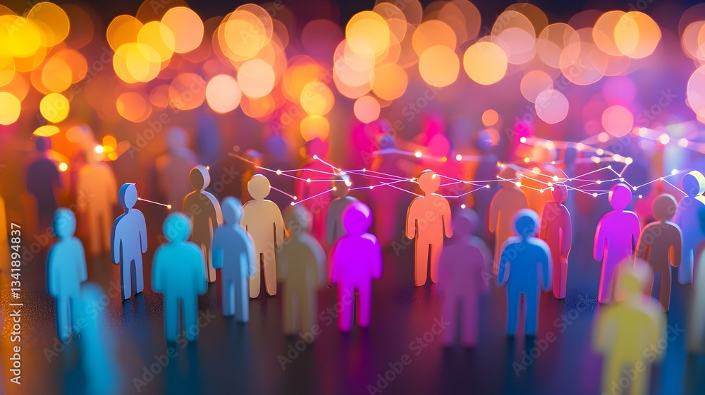 Poster colorful figures interconnected by glowing lines, representing social networking and global communit