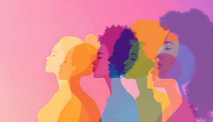 Colorful silhouettes, diverse women, profile view, overlapping faces, vibrant hair colors