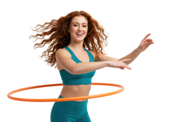 Beautiful young woman exercising with hula hoop isolated on White background