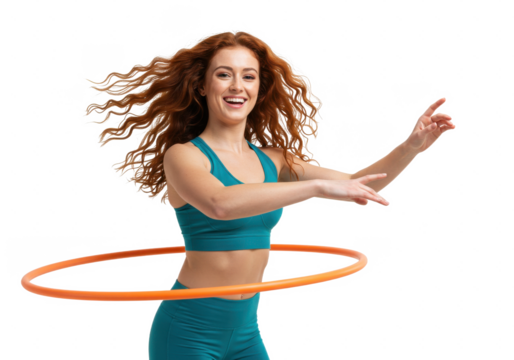 Beautiful young woman exercising with hula hoop isolated on White background