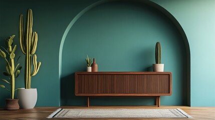 Modern Teal Room Interior Design with Wooden Cabinet and Cactus Plants