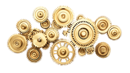 The image shows an arrangement of golden, interlocked gears, symbolizing teamwork and mechanical systems with a complex structure.