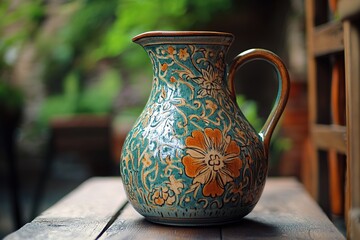 Ornate pitcher with floral pattern in turquoise orange and beige rustic decor