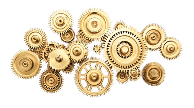 The image shows an arrangement of golden, interlocked gears, symbolizing teamwork and mechanical systems with a complex structure. - Powered by Adobe