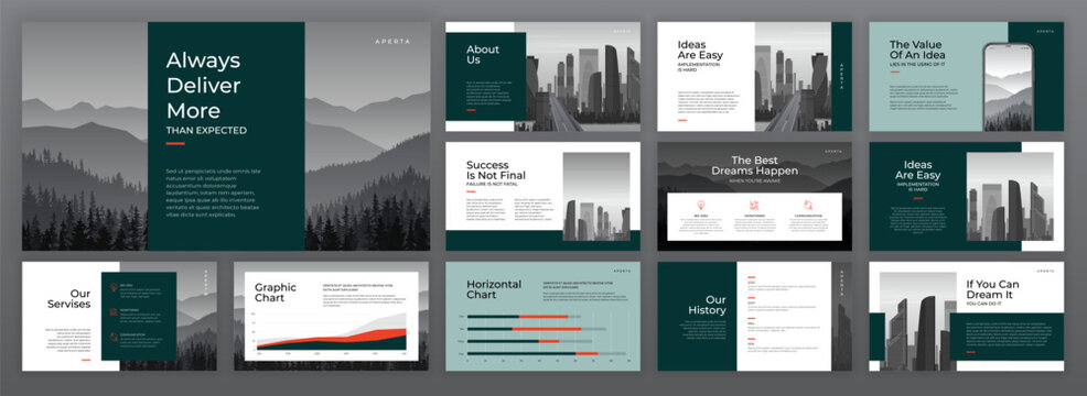 Creative Powerpoint presentation template set. Modern Keynote presentation background, brochure cover design, brand guidelines, proposal presentation, annual report, company profile, pitch deck.
