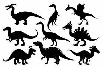 set of dinosaurs line art silhouette vector illustration