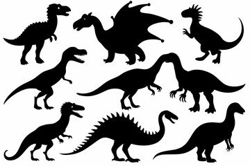 set of dinosaurs line art silhouette vector illustration