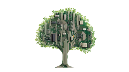The image shows a tree made of a computer circuit board representing a conceptual image of technology and nature.