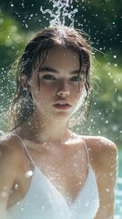 Fototapeta premium Water Droplets on a Young Woman's Face, Fresh and Radiant