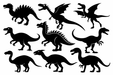 dinosaurs set line art silhouette vector illustration