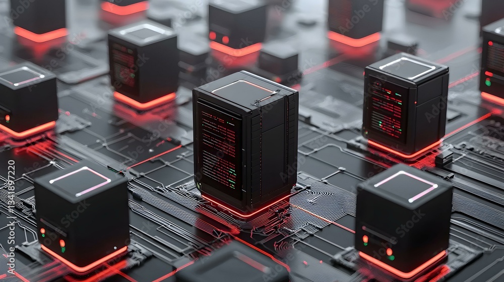 Aufkleber futuristic data servers glowing red on a circuit board. abstract technology background.