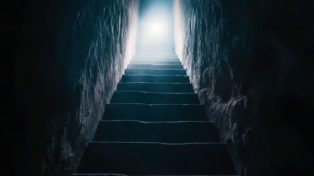 A staircase leads upward toward a bright light, symbolizing hope and new beginnings in a dark space