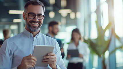 Smart Casual Businessman Using Tablet While Enjoying Coffee in Office