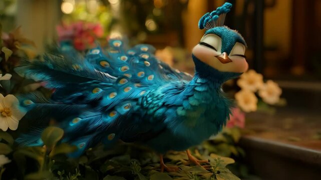 Cartoon-style, a small, colorful peacock with vibrant, iridescent feathers, standing on a lush green meadow. The peacock smiles, surrounded by blooming flowers and gentle sunlight. Detailed feathers i