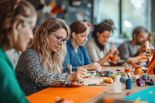 Group crafting together around a table with craft supplies in a bright and creative space