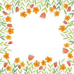 Floral frame isolated on the white background. Cute watercolor floral square perfect for wedding invitations and greeting cards.